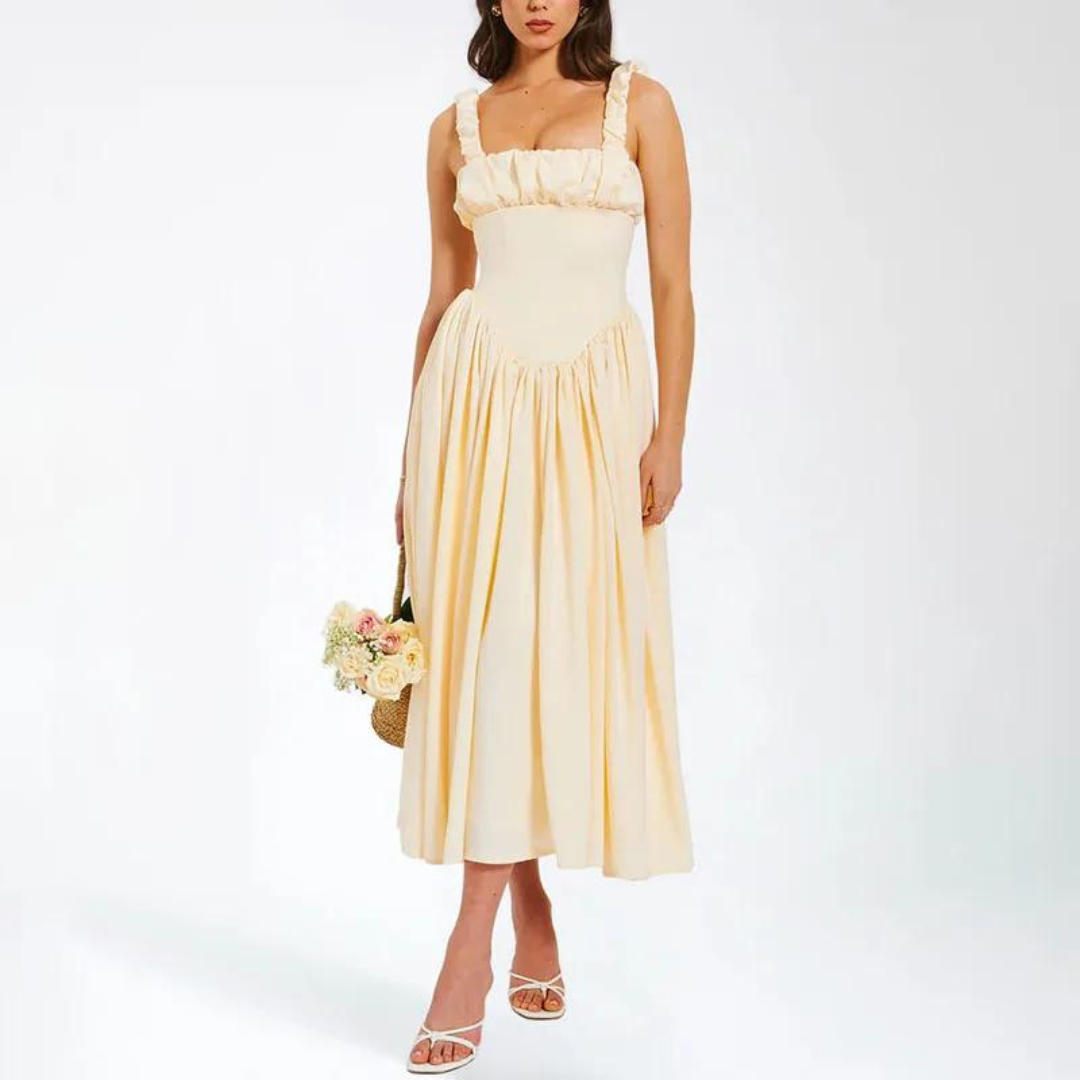 Doreen - Weisses Maxi-Sommerkleid aus Satin mit tiefer Taille