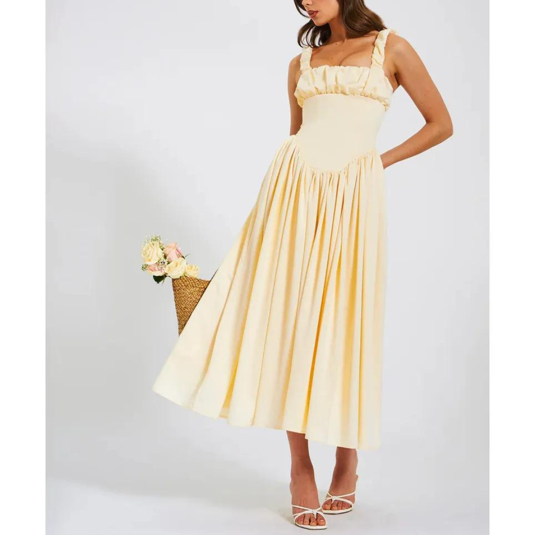Doreen - Weisses Maxi-Sommerkleid aus Satin mit tiefer Taille