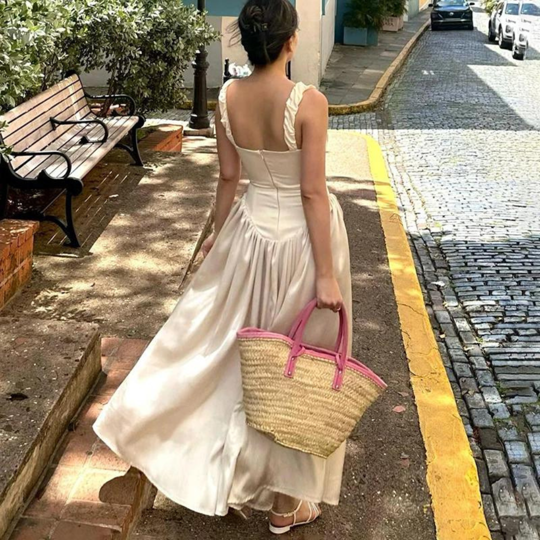 Doreen - Weisses Maxi-Sommerkleid aus Satin mit tiefer Taille